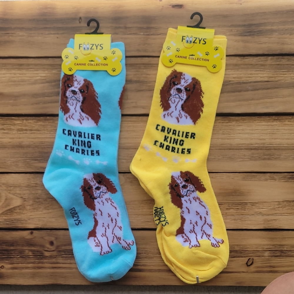 NWT Fozzys Cavalier King Charles Socks - Yellow and Blue 2 Pair Set - Unisex